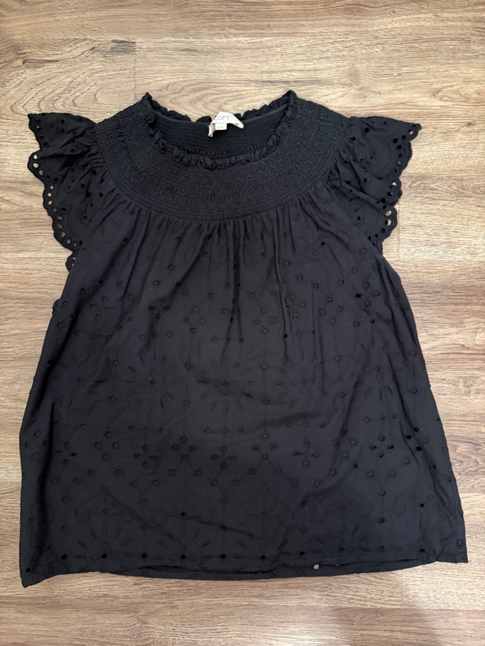 LOFT Black Eyelet Smocked Yoke Flutter Top
